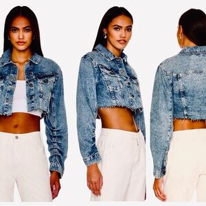 Sz M Free People We the Free Ollie Femme Trucker Cropped Denim Jacket